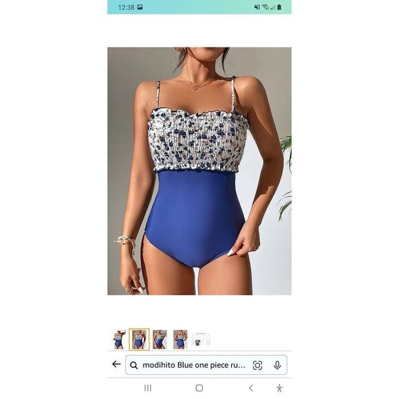 New Large Modihito Blue Bandeau Ruffled 1pc Smocked Swimsuit Bathing Suit NWT - Picture 2 of 5